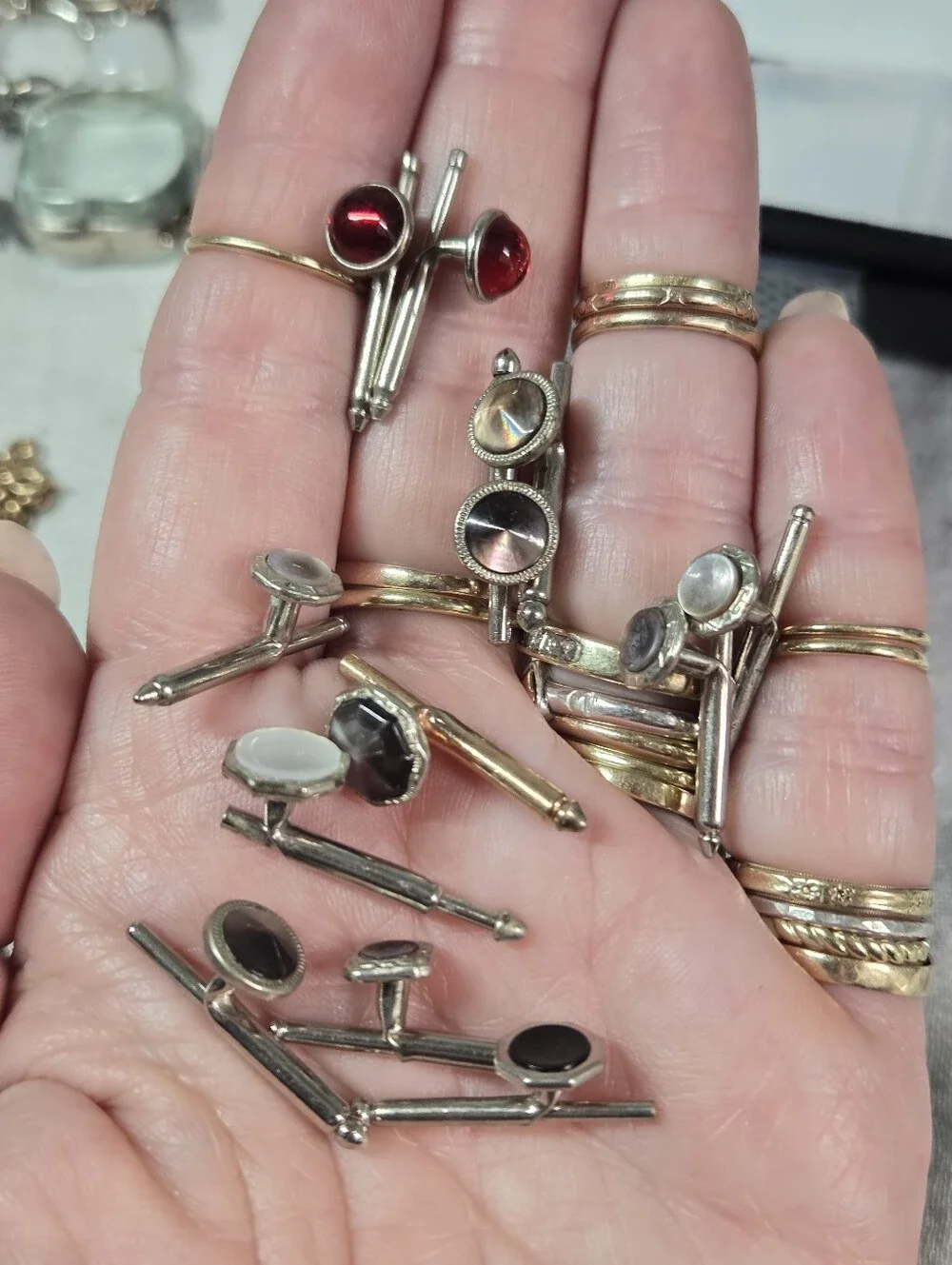 Sliver Tone Multi-Color Gemstone Cufflink Set